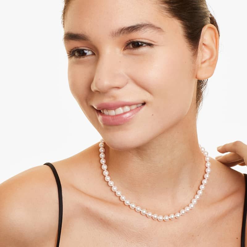 14K White Gold Akoya Cultured Pearl Ball Clasp 16" Necklace (6.50-7.0mm)