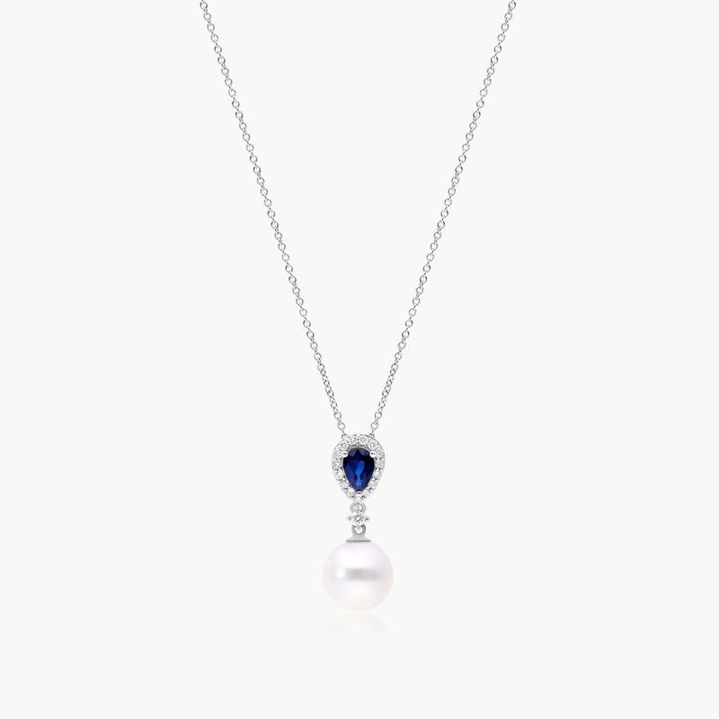 14K White Gold Akoya Cultured Pearl and Sapphire Drop Necklace (9.5mm)