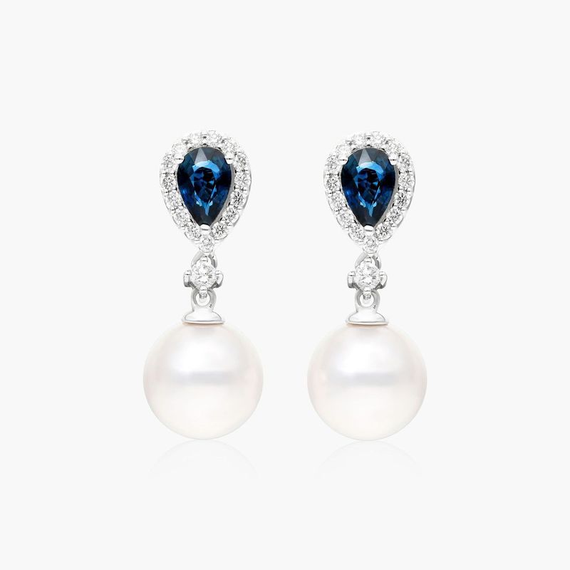 14K White Gold Cultured Akoya Pearl and Sapphire Drop Earrings (9.5 mm)