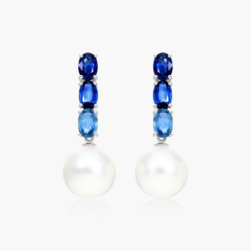 18K White Gold Ombre Sapphires and South Sea Cultured Pearl Drop Earrings (11-12 mm)