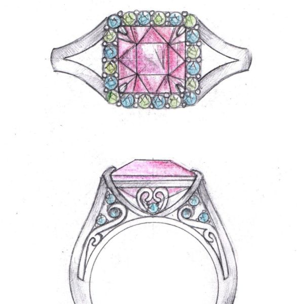 Concept sketch for a bold statement ring with a pink tourmaline center stone in a vintage-inspired setting with claw prongs.
