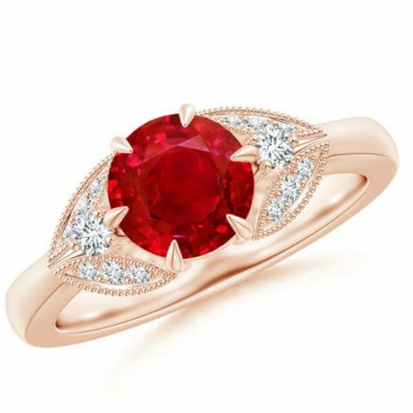 Aeon Vintage Inspired Ruby and Diamond Three Stone Engagement Ring Angara