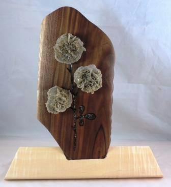 Wood inlaid with selenite and barite