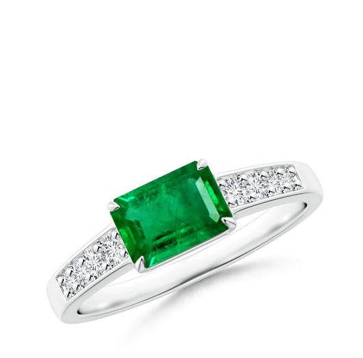 East West Emerald-Cut Emerald Solitaire Ring with Diamond Accents Angara