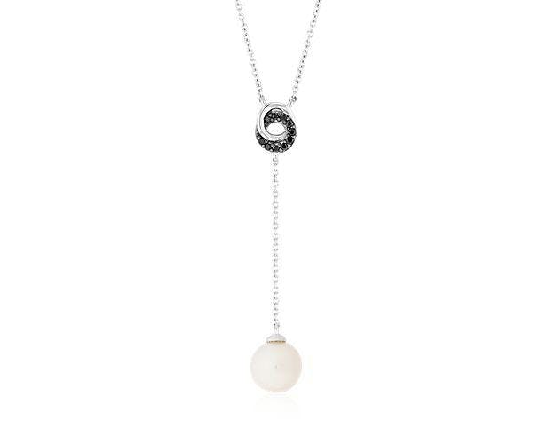 Freshwater Cultured Pearl Drop Pendant with Black Diamond Love Knot in 14k White Gold Blue NIle