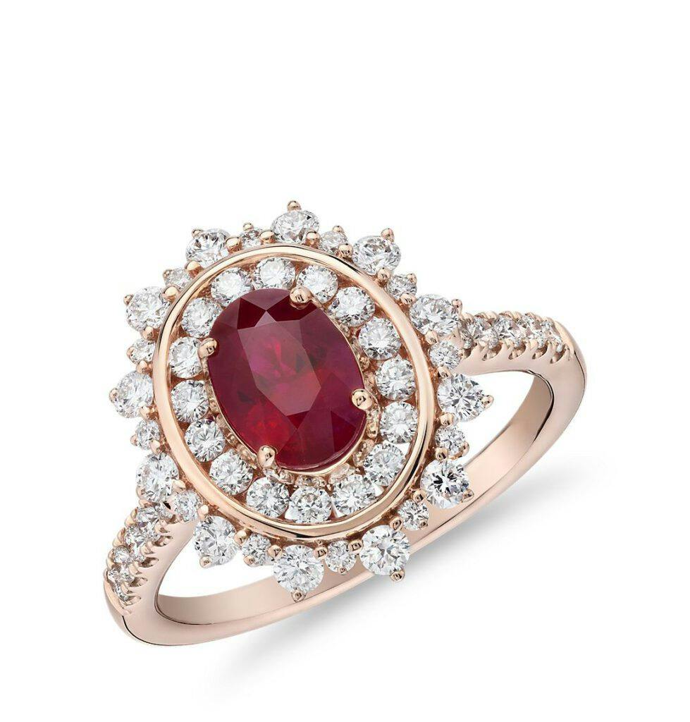 Oval Ruby Ring with Double Diamond Halo in 14k Rose Gold Blue Nile