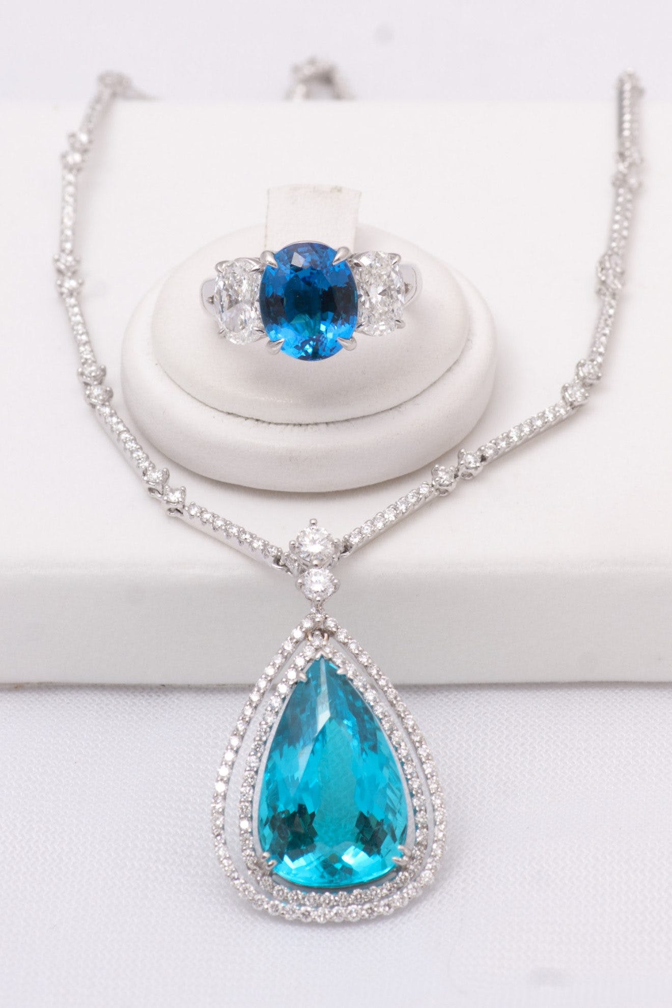 blue gemstones - paraiba ring and necklace