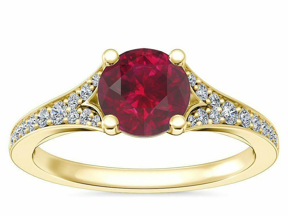 Petite Split Shank Pavé Cathedral Engagement Ring with Round Ruby in 14k Yellow Gold Blue Nile