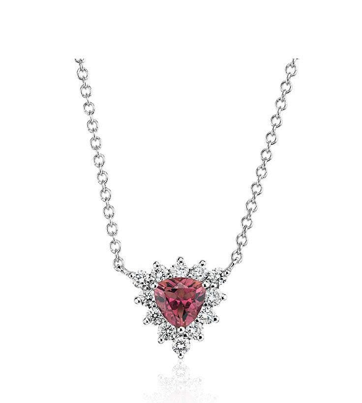Pink Tourmaline Trillion Necklace with Diamond Halo in 14k White Gold Blue NIle