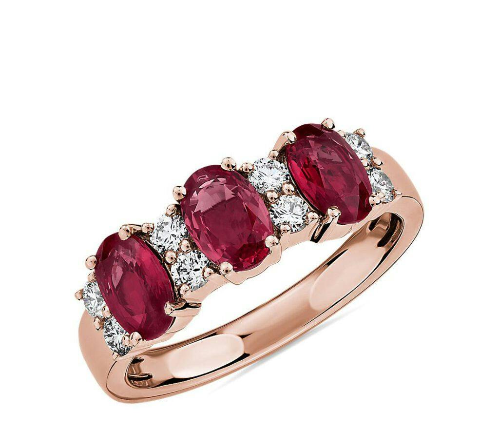 Ruby and Diamond Three-Stone Ring in 14k Rose Gold Blue Nile