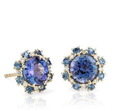 Tanzanite Stud Earrings with Sapphire and Diamond Halos in 14k Yellow Gold Blue Nile