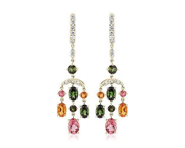 Tourmaline and Citrine Diamond Chandelier Earrings in 14k Yellow Gold Blue NIle