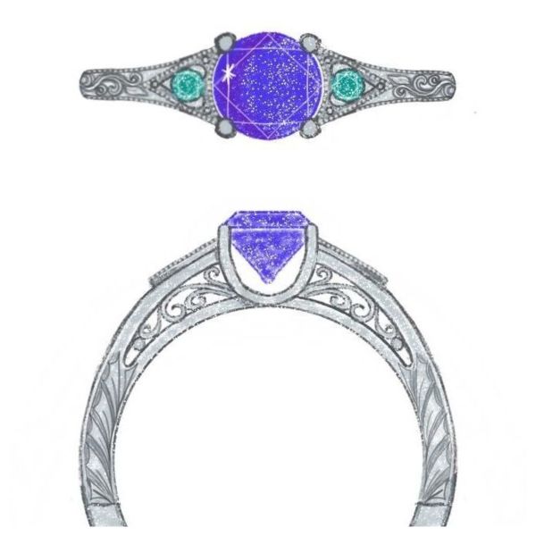 Our sketch for a vintage-inspired engagement ring pairs emerald accents with a tanzanite center stone.