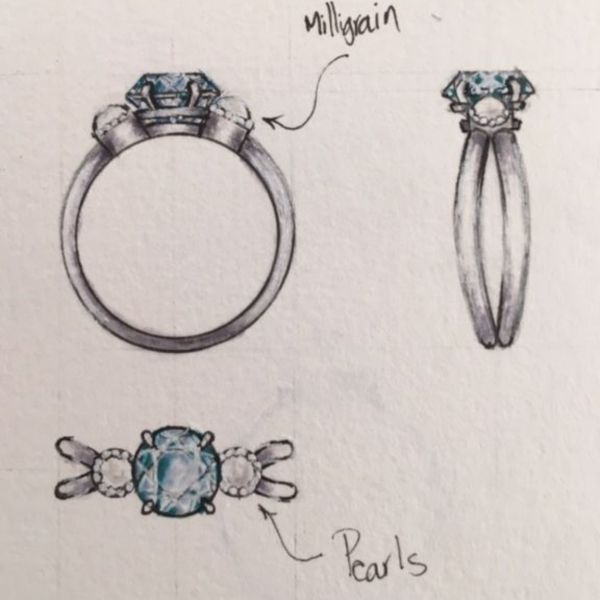 Sketches for an aquamarine and pearl ring, balancing a more modern butterfly shank design with touches of vintage milgrain for a perfectly balanced look.