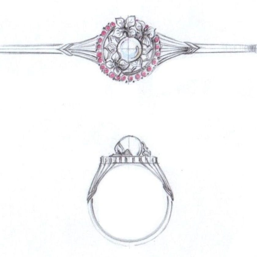 floral halo pearl ring sketch - vintage engagement rings