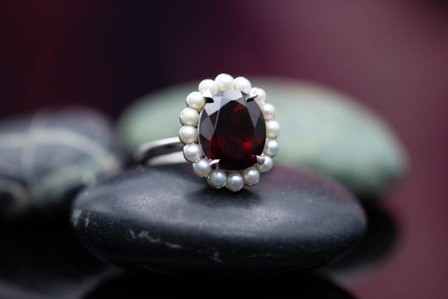 garnet with seed pearl halo - engagement ring setting