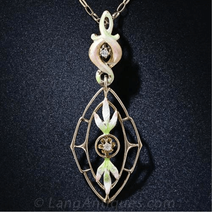 Belle Époque jewelry Lavaliere pendant featuring pastel enameling 
