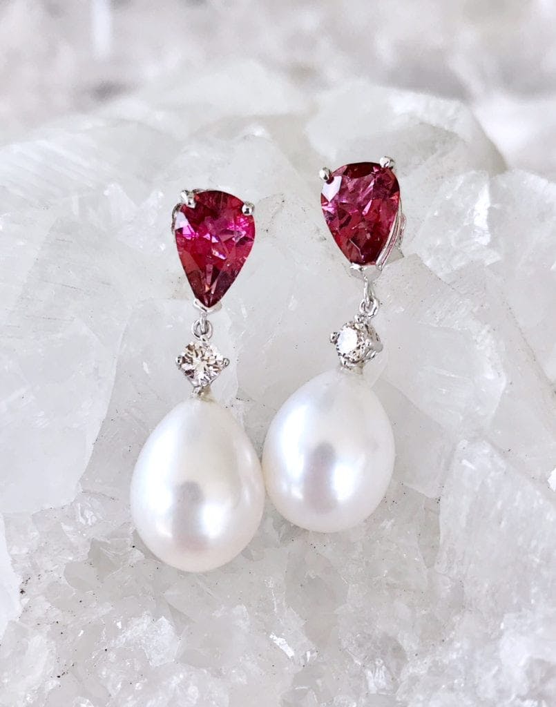 earrings- freshwater pearls, diamonds, and rubellites