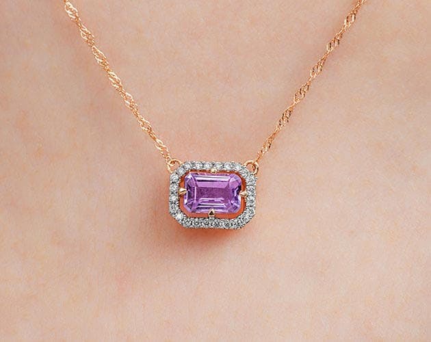 14K Rose Gold Amethyst and Diamond Floating Halo Necklace