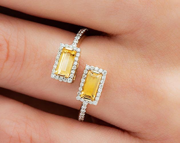 14K Yellow Gold EmeraldCut Citrine and Diamond Halo Bypass Ring