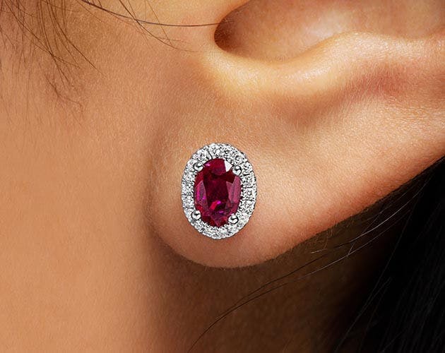 18K White Gold Oval Halo Ruby and Diamond Earrings