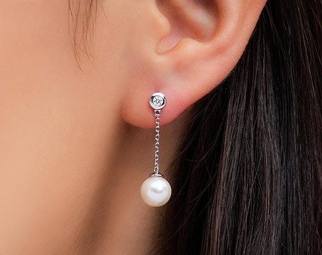 14K White Gold Freshwater Pearl and Bezel Set Diamond Drop Earrings