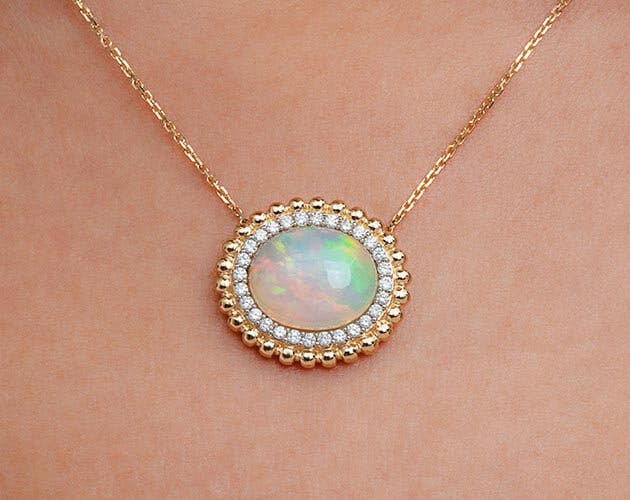 14K Yellow Gold Beaded Double Halo Opal and Diamond Necklace