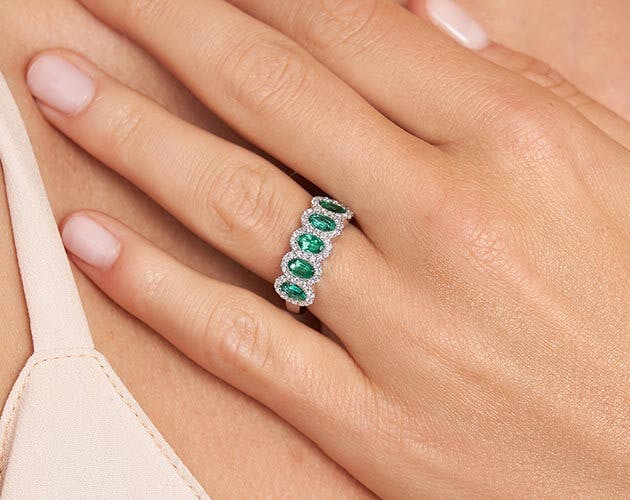 14K White Gold Five Stone Halo Emerald and Diamond Ring