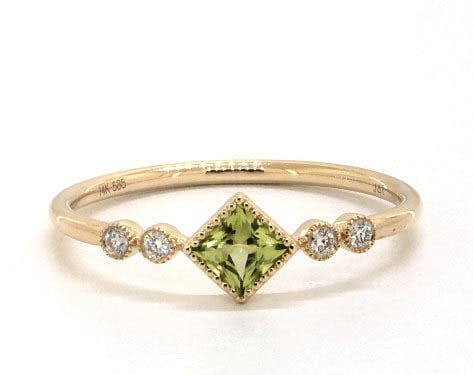 14K Yellow Gold Dainty Peridot Bezel Diamond Ring by Brevani