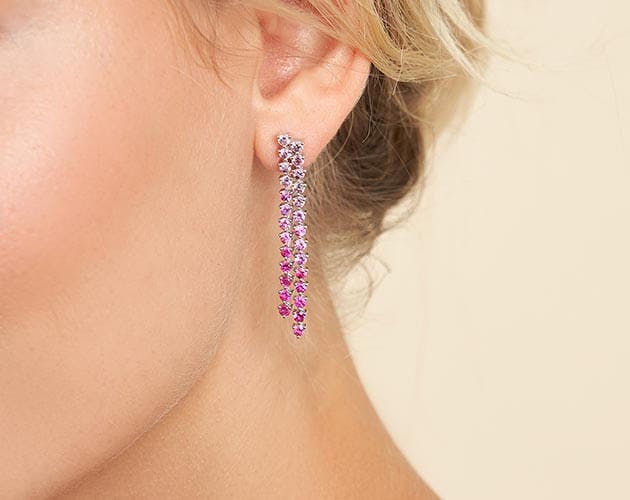 14K White Gold Dangling Ombre Ruby to Pink Sapphire Drop Earrings