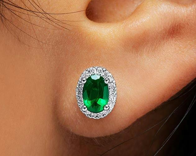 18K White Gold Oval Halo Emerald and Diamond Earrings