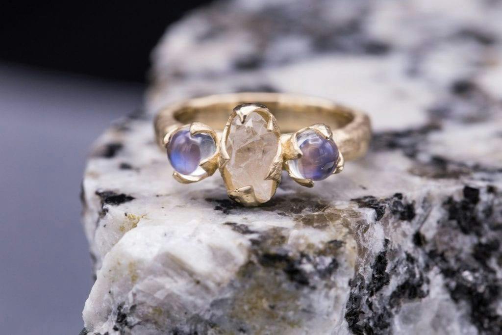 raw stone jewelry design and care - raw quartz and rainbow moonstone