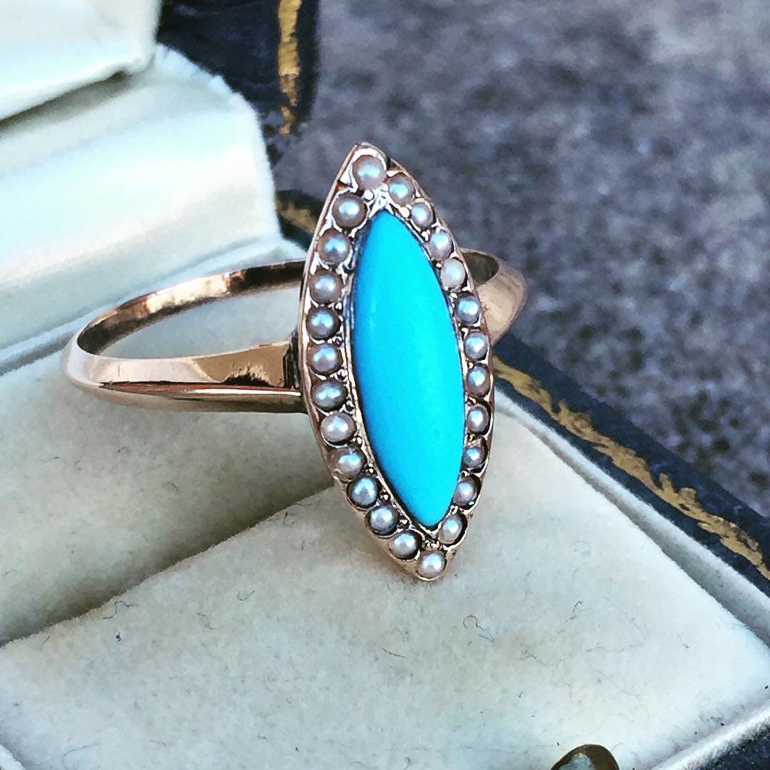 turquoise buying - navette ring with pearls