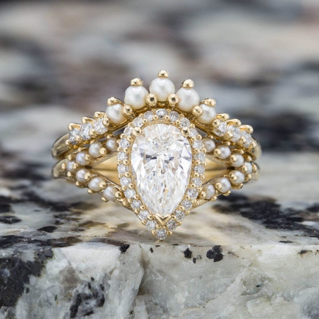 halo ring with seed pearls - vintage engagement ring