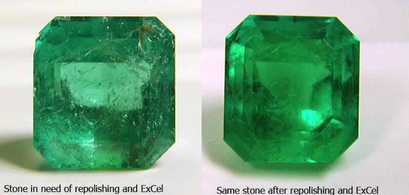 before and after - emerald repolished with ExCel