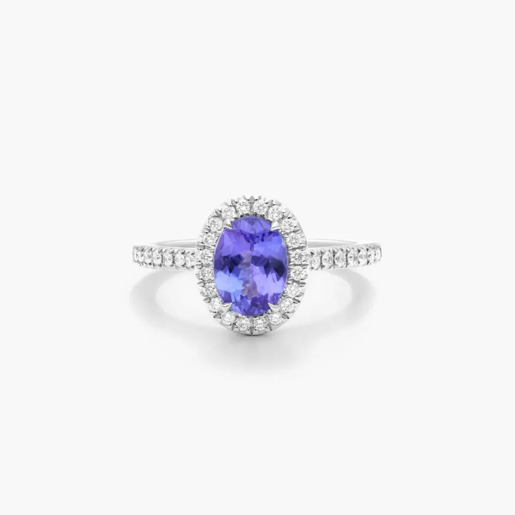 14K White Gold Oval Halo Tanzanite and Diamond Ring James Allen