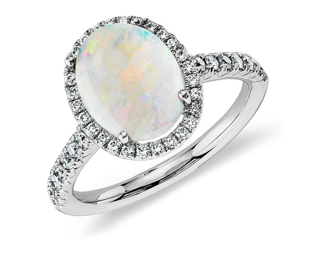 Opal and Diamond Halo Ring in 18k White Gold Blue Nile