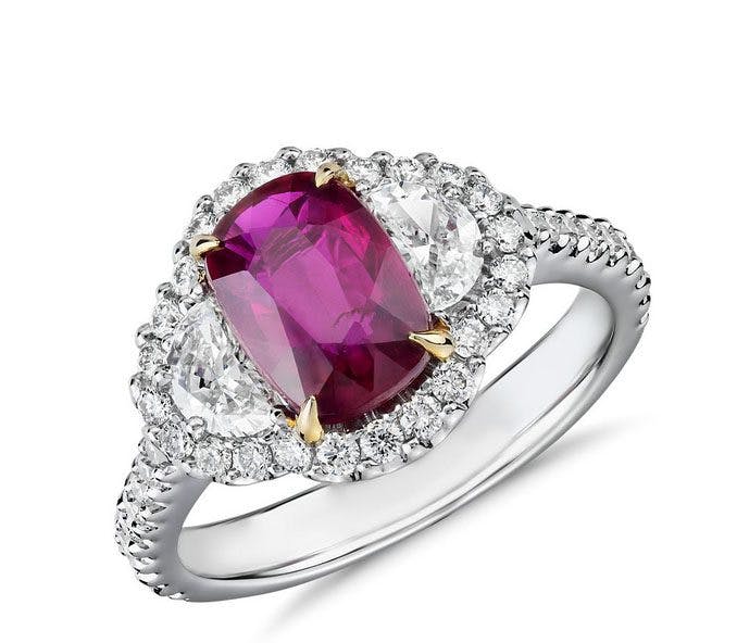 Three-Stone Cushion-Cut Ruby and Half Moon Diamond Halo Ring Blue Nile