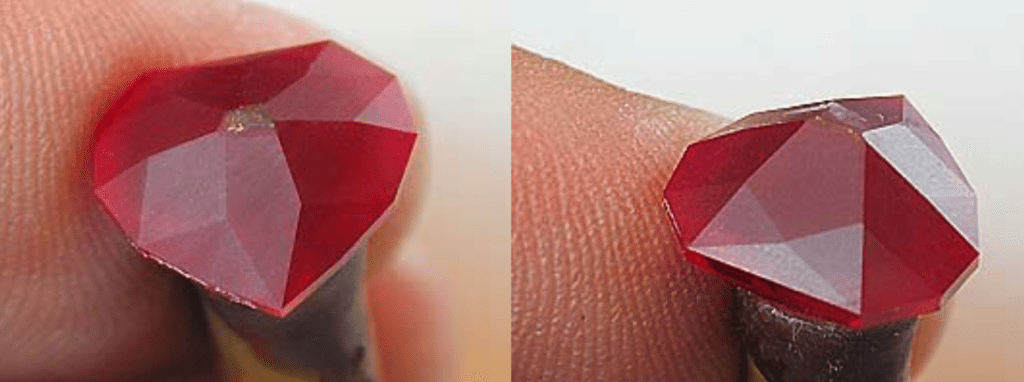 Cut in C10 (left) to meet girdle and C11 (right) to meet C6 using a 1,200-grit lap - heart ruby